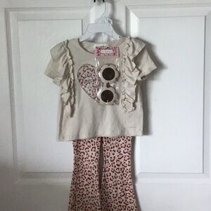 Btween Cream Ruffle Heart Top and Leopard Print Pants Set NEW